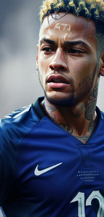 Digital illustration of a football player in a blue jersey, styled for mobile wallpaper.