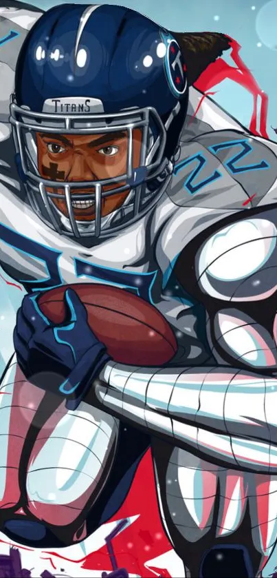 Illustrated football player in action with blue and red highlights.