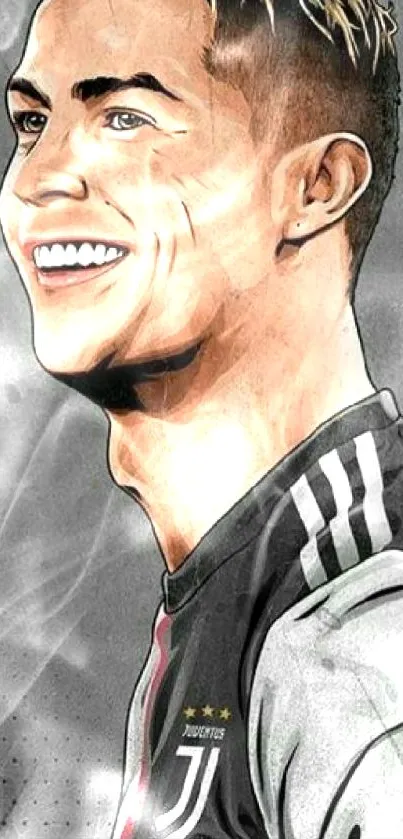 Illustrated portrait of a smiling football player in a jersey with a gray background.