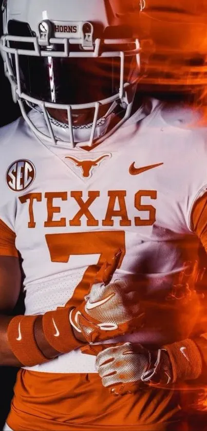 Football player in orange and white uniform with intense energy and motion blur.