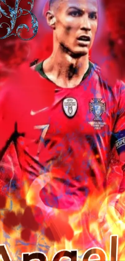 Football player in red jersey with fiery background.