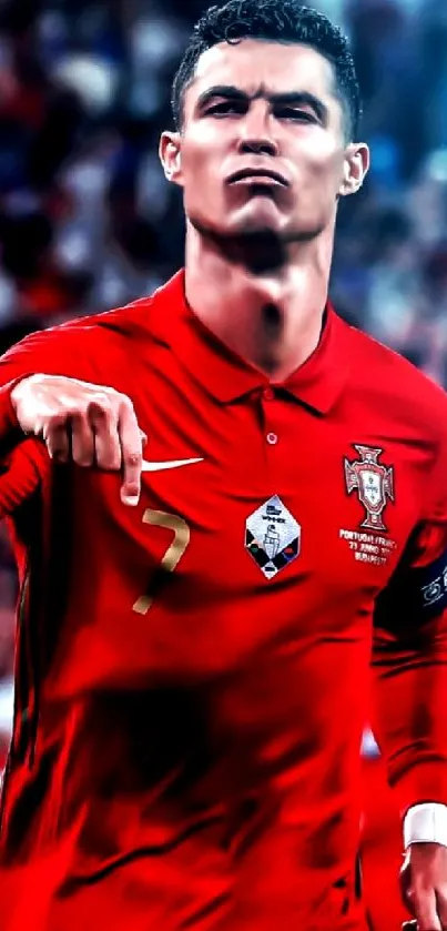 Dynamic football player in red jersey.