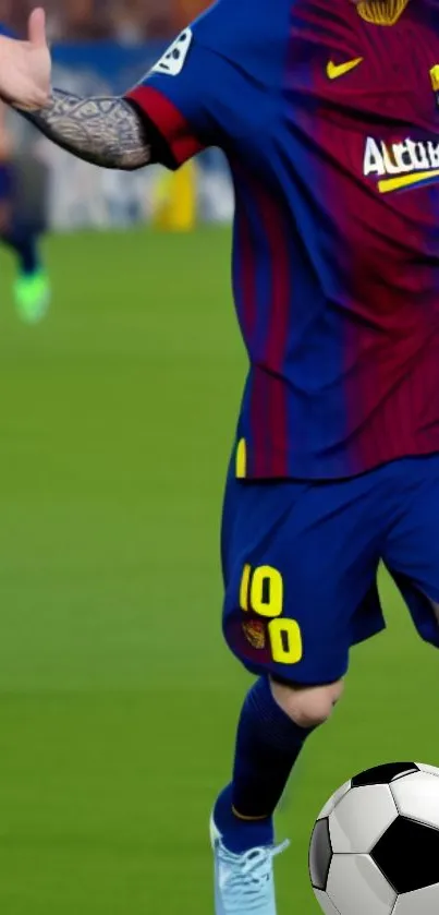 Football player in blue jersey with soccer ball on green field.