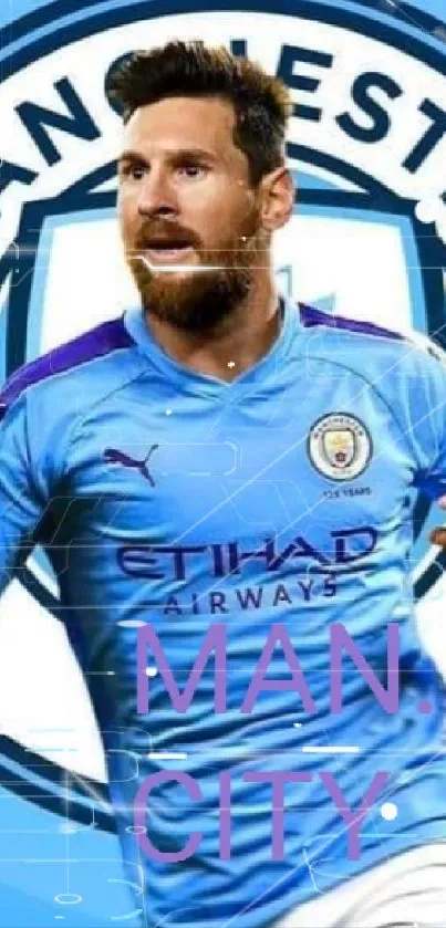 Football player in blue jersey with MAN CITY text.