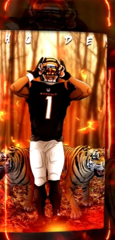 Football player with tigers and fiery background on mobile wallpaper.