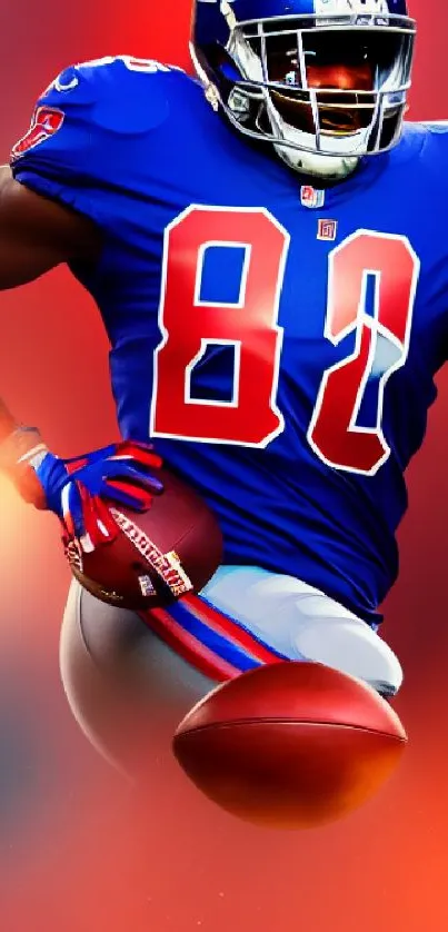 Football player in vibrant blue and red jersey with football in action pose.