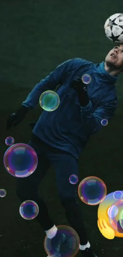 Athlete balancing soccer ball with skillful focus.