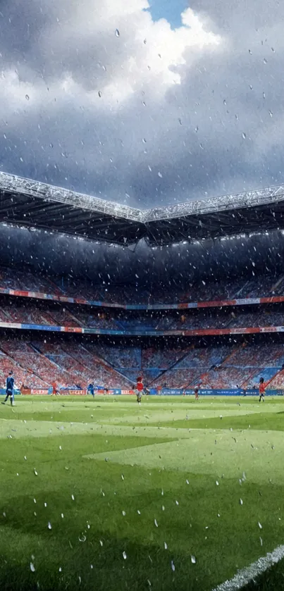 Vibrant football stadium on a rainy day.