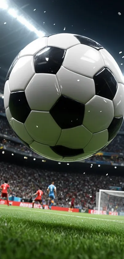 Football stadium wallpaper with soccer ball close-up, under bright lights.