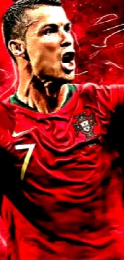 Dynamic football star in vivid red wallpaper art.