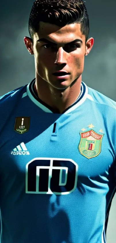 Football player portrait in blue jersey with a dynamic background.