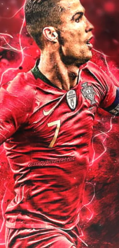 Dynamic football star in red-themed wallpaper.