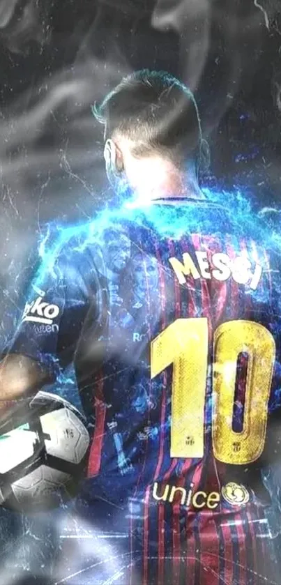 Football star with glowing energy in vivid wallpaper.