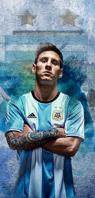 Football star in blue jersey with dynamic paint effect on wallpaper.