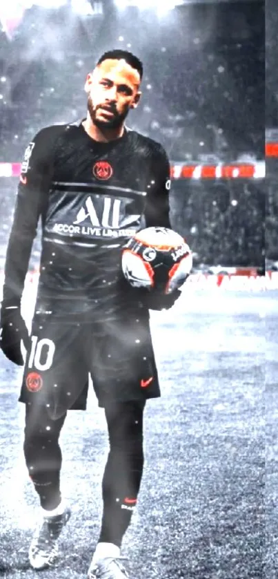 Football player in black kit on snowy field.