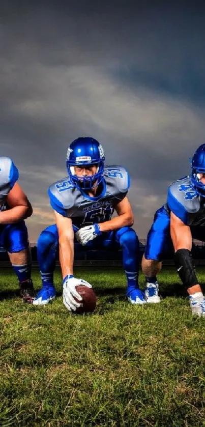American football team ready for play under stadium lights.