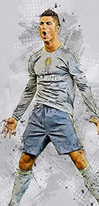 Gray wallpaper of a footballer celebrating energetically.