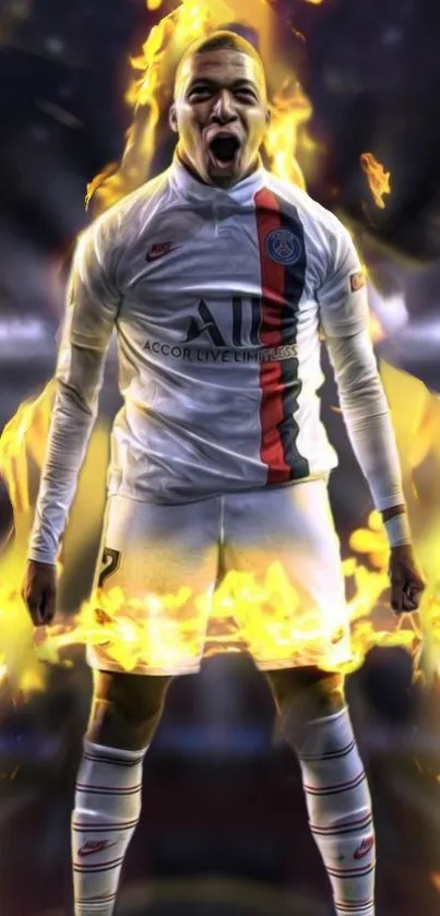 Football player engulfed in flames with dynamic pose on wallpaper.