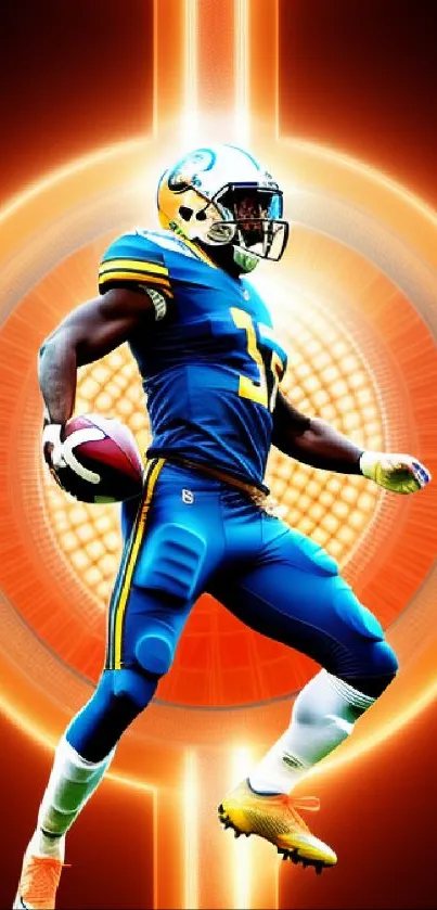 Neon art of a football player with an orange glow background.