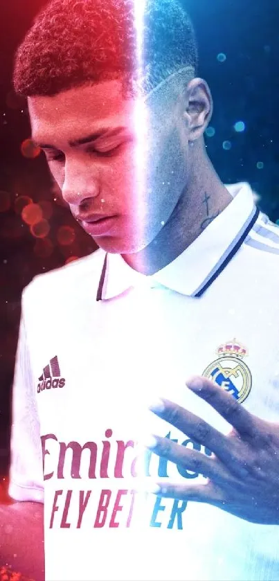 Vibrant footballer in Real Madrid jersey with dynamic red and blue lighting.