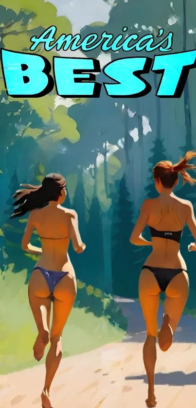 Two women running in a lush, green forest trail with 'America's Best' text.