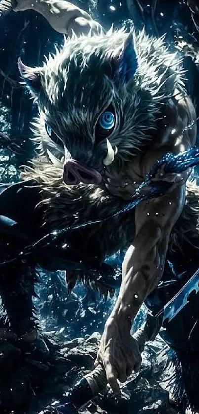 A fierce forest warrior with blue eyes and animal features in a dynamic pose.