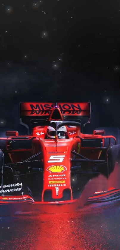 Red Formula 1 car racing through dark night sky with vibrant dynamic effect.