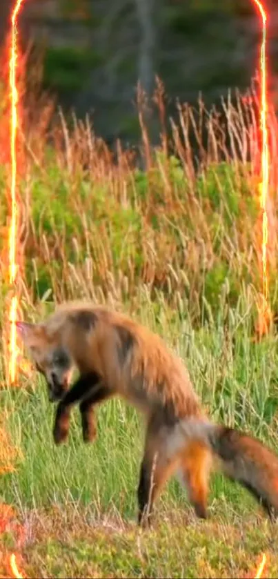 Fox leaping through meadow encased in fiery frame.