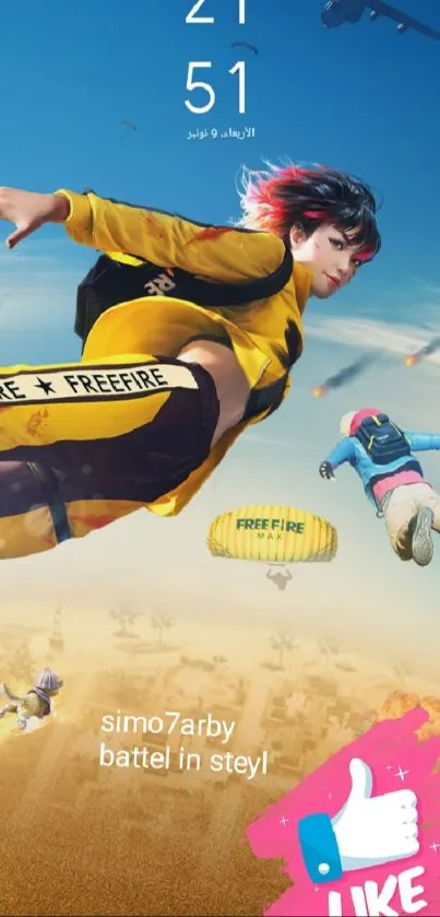 Freefire characters skydiving with parachutes in vibrant colors.