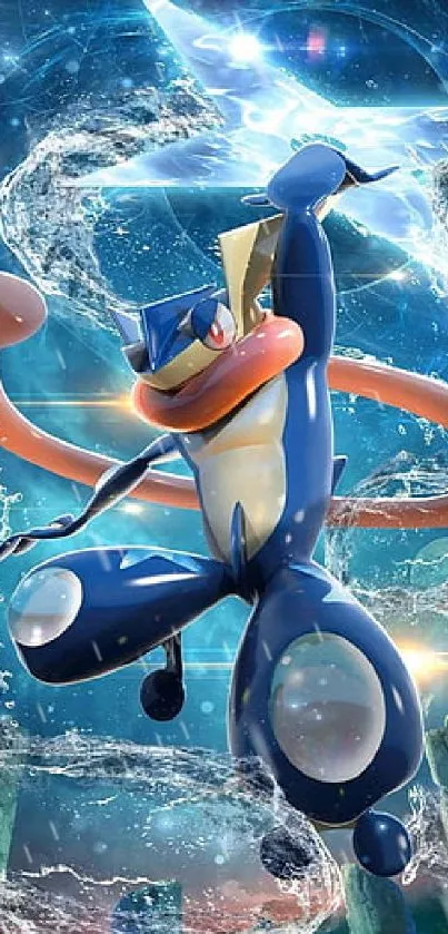 Energetic frog-like warrior amid swirling blue water and energy on phone wallpaper.