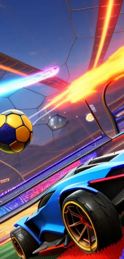 Futuristic car in neon-lit soccer arena