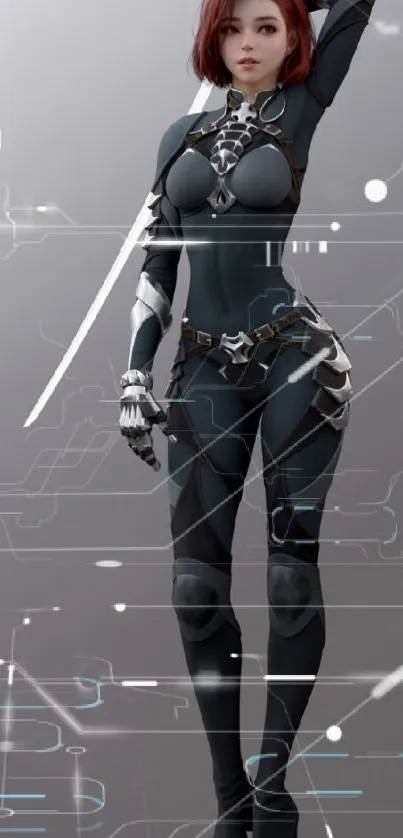 Futuristic female warrior with sword in sleek dark armor.