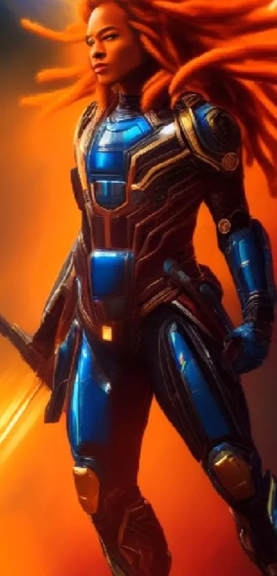 Futuristic warrior in vibrant orange and blue armor.