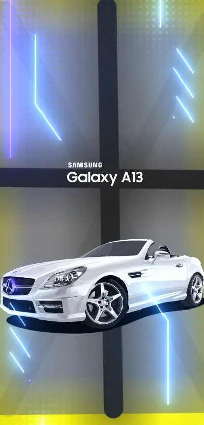 Galaxy A13 wallpaper featuring a sleek car with neon effects and yellow highlights.