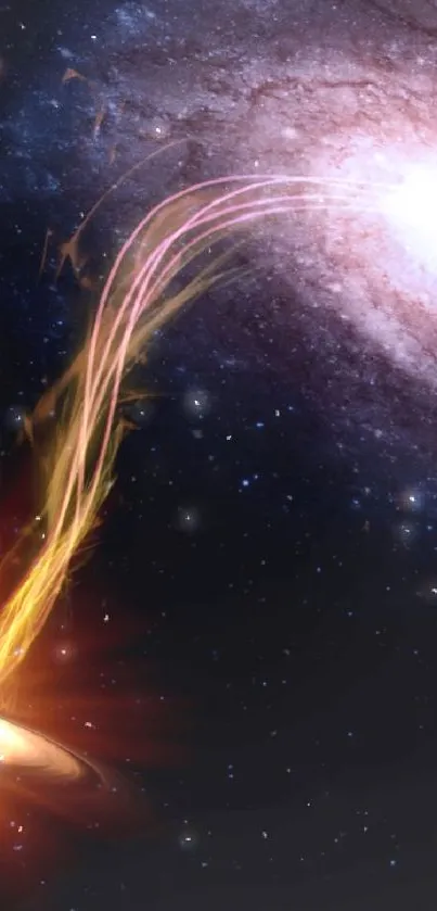 Dynamic wallpaper of a galaxy swirling into a black hole in space.