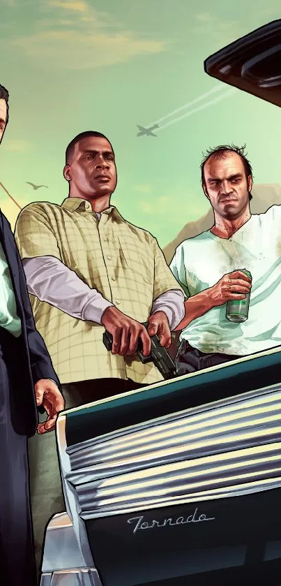 Grand Theft Auto V action wallpaper, vibrant design and dynamic characters.