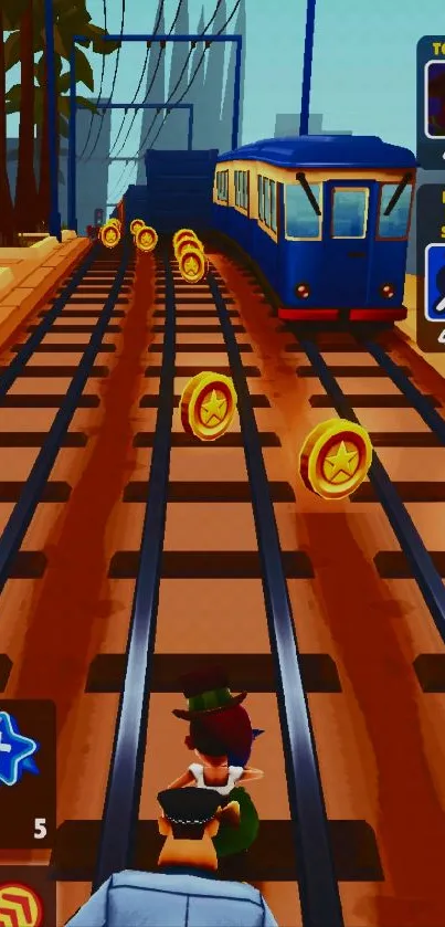 Dynamic game scene with railway tracks and trains.