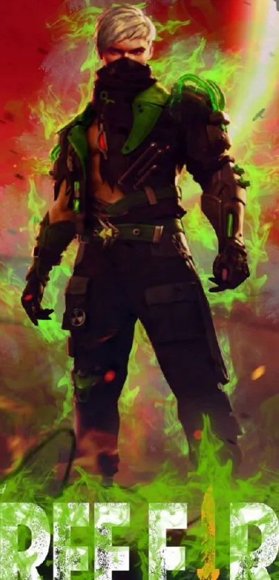 Dynamic game character with green flames and red background.