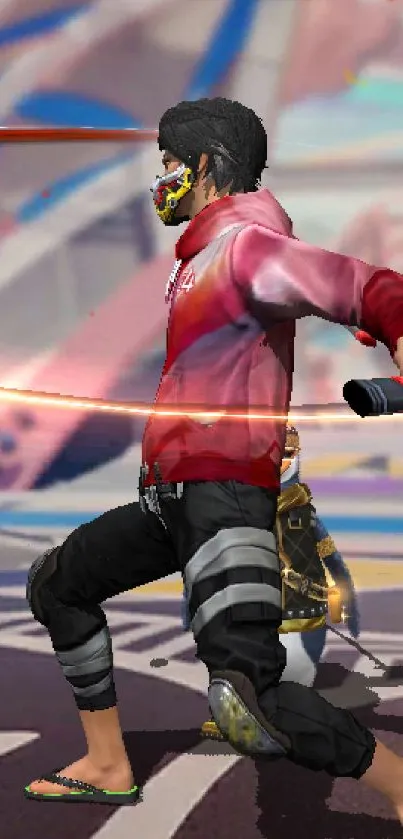 Dynamic gamer in red hoodie with mask, in a colorful background.