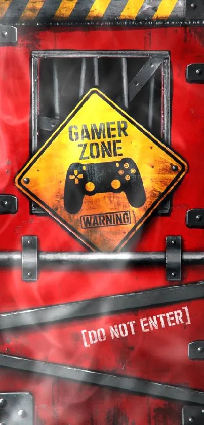 Gamer Zone sign on a rustic red door with a warning label.