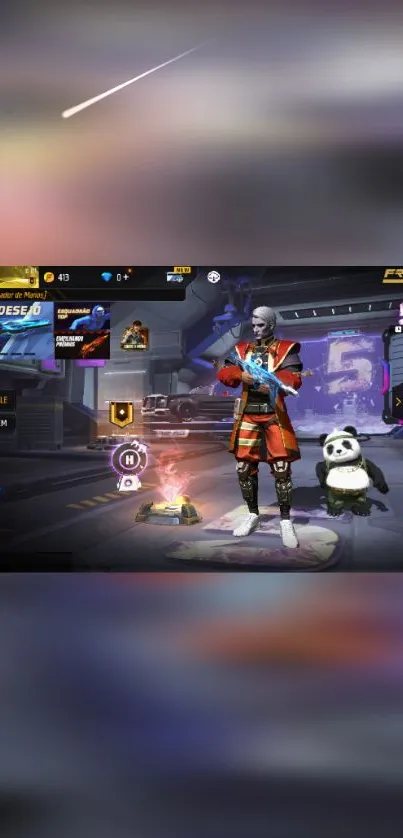 Gaming character with panda companion on a dynamic mobile wallpaper.