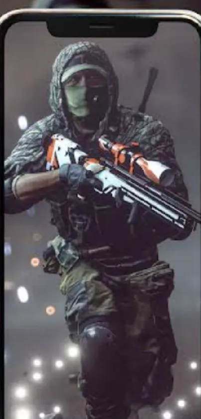Dynamic gaming wallpaper with a soldier in action on mobile screen.