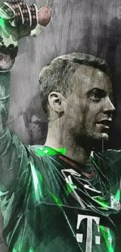 Artistic wallpaper of a goalkeeper with green abstract accents.