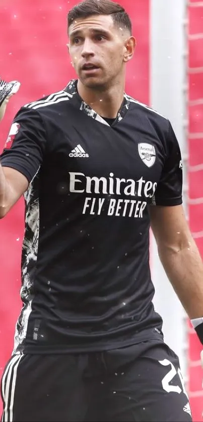 Goalkeeper in black uniform with red stadium background.