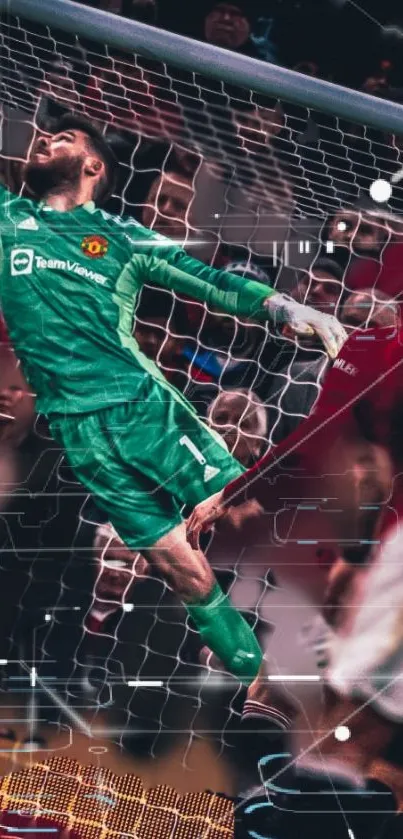 Goalkeeper making a spectacular save in a vibrant soccer scene.