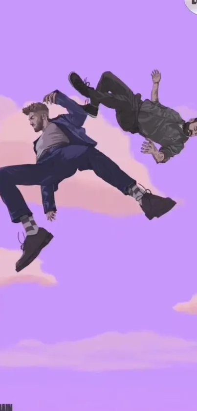 Two figures defying gravity on a pastel purple sky with pink clouds.