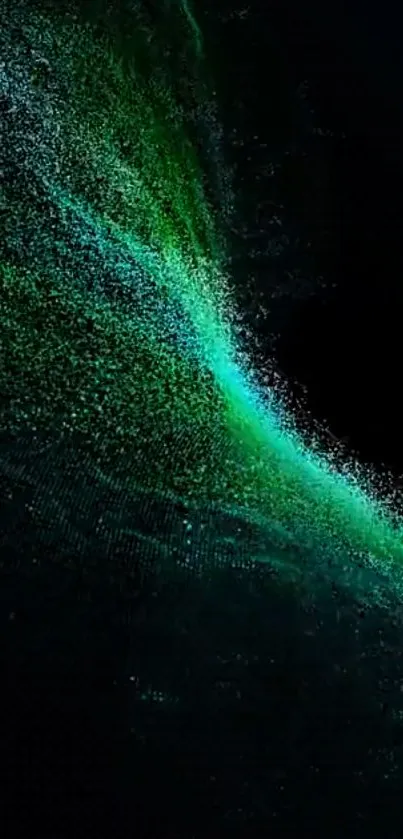 Dynamic green abstract wallpaper with swirling particles on a dark background.