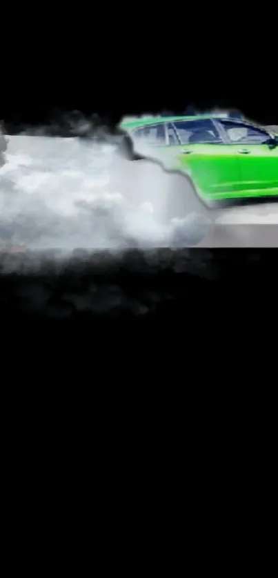 Dynamic green car with smoke against black backdrop.