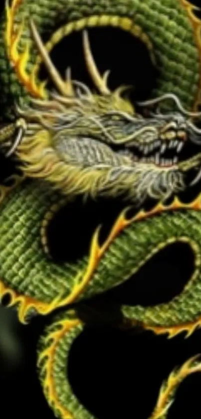 Intricate green dragon with fiery details on a dark background.