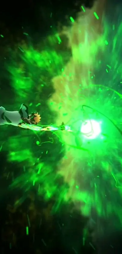 Dynamic wallpaper with green energy explosion and animated figure.